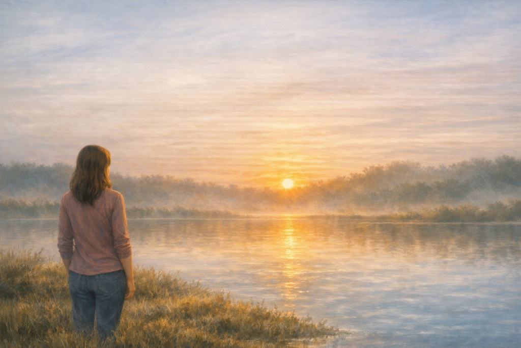 Person overlooking a peaceful sunrise across a pond, reflecting on renewal and life's next chapter