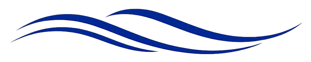 Stylized blue wave logo with three curved ribbons flowing from left to right, abstract and sleek in design.