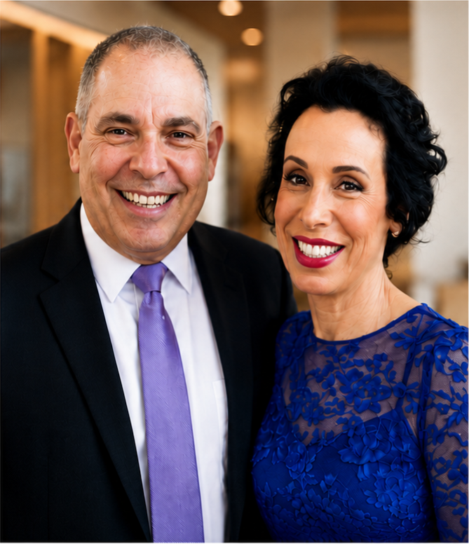 Two smiling adults posing for a photo at a formal event; man in a black suit with a purple tie, woman in a blue lace dress.